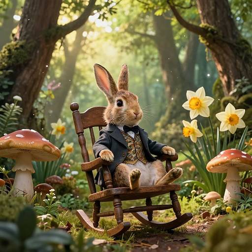 Photorealistic digital art of a dressed-up rabbit in a blue coat and vest, sitting in a wooden rocking chair in a sunlit forest, surrounded
