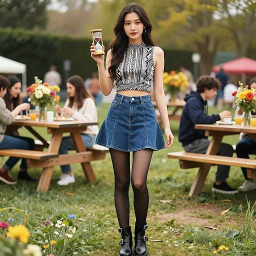 Photograph of a young Asian woman with long black hair, wearing a black-and-white striped sleeveless top, blue denim skirt, black stockings, and