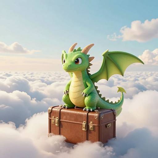 Cute green cartoon dragon with small horns and wings sits on a brown leather trunk amidst fluffy white clouds and blue sky. Digital art with bright, vivid