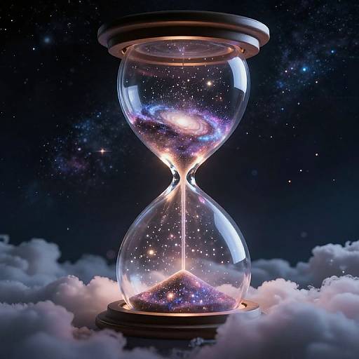 Digital artwork of a glowing hourglass filled with a cosmic galaxy, floating on fluffy clouds against a starry night sky.
