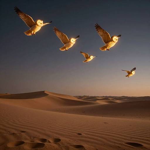 Photograph of four glowing birds flying over a sunset-lit, rippled desert landscape with soft orange and purple hues.