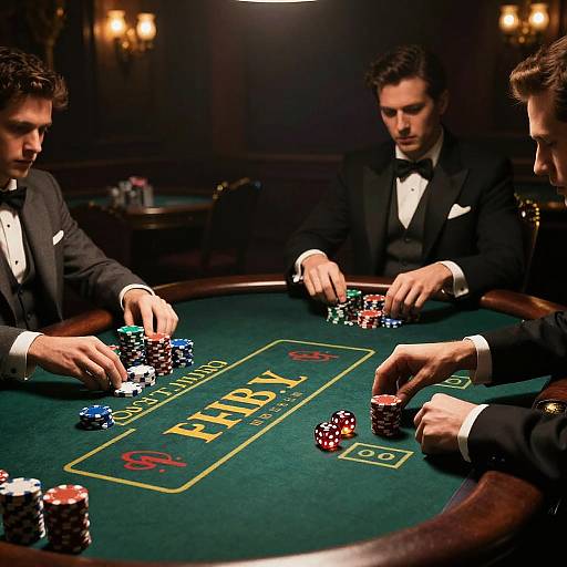Photograph of three men in black tuxedos playing poker, handling colorful chips on a green felt table in a dimly lit casino room.