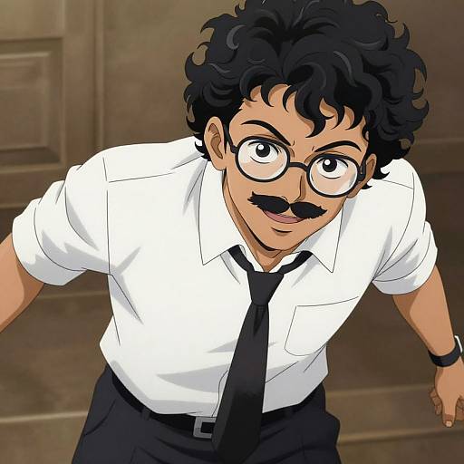 Digital anime-style drawing of a curly-haired man with glasses, mustache, white shirt, black tie, and black pants, looking up.
