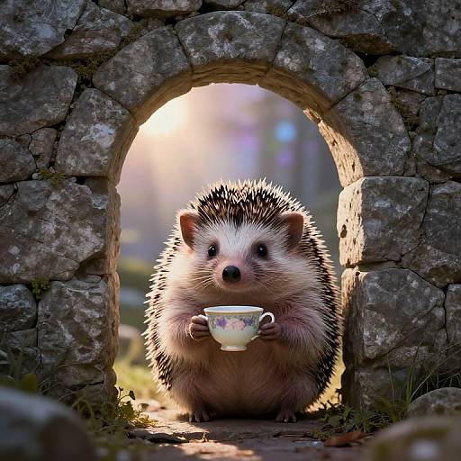 Photograph of a cute hedgehog with spiky brown and white fur, holding a floral teacup, standing in a sunlight-filled stone archway