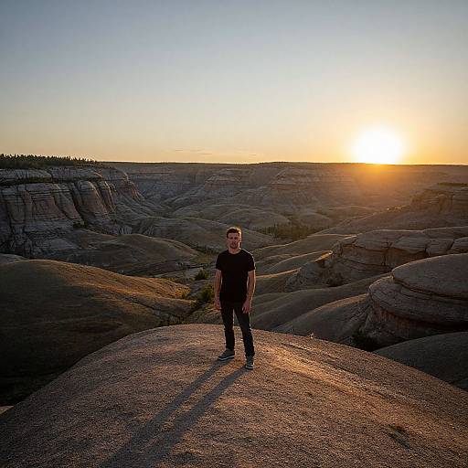 Photograph of a man in a black t-shirt and jeans standing on a sunlit rock at sunset in a rugged, rocky canyon.