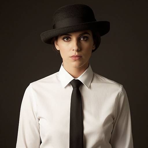 Photograph of a woman with light skin, dark eyes, wearing a black hat, white shirt, and black tie, against a black background.