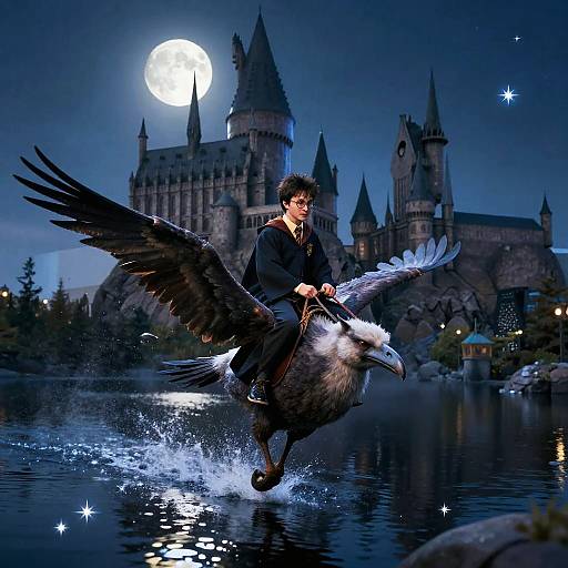 Harry Potter Riding Hippogriff at Night