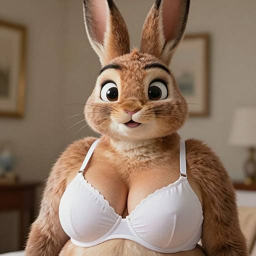 CGI anthropomorphic rabbit with brown fur, large eyes, wearing a white bra, standing in a warmly lit, framed-picture adorned bedroom.