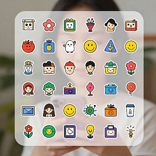 Photograph of a person blurred in the background, with a grid of colorful, cartoon-like app icons overlayed on the image.