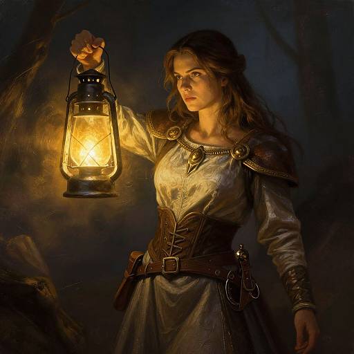 Digital painting of a fierce, light-haired woman in medieval armor holding a glowing lantern, illuminating a dark forest night.