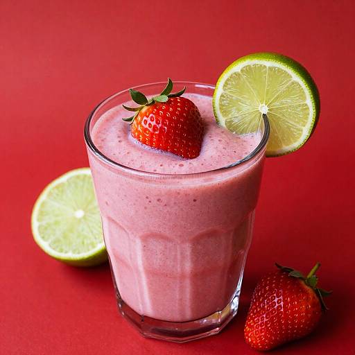 Photograph of a pink strawberry smoothie in a glass with a strawberry and lime slice garnish, set against a vibrant red background with two additional strawberries