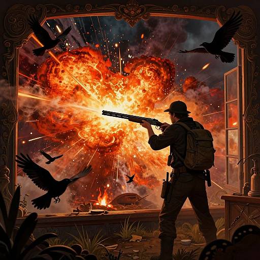 Man Aiming Shotgun Amid Fiery Explosion