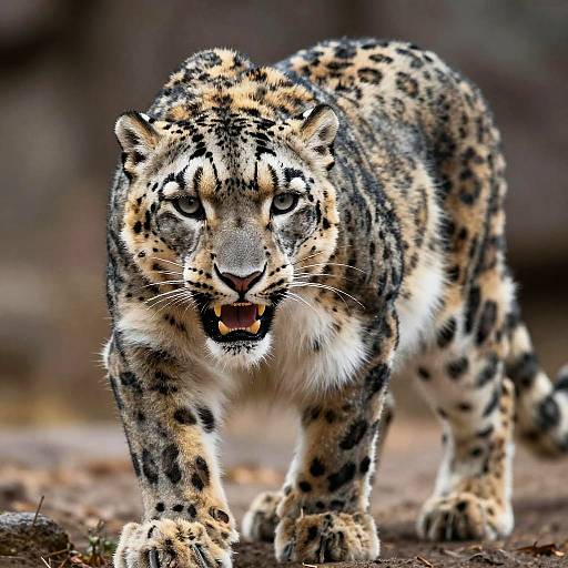 Photograph of a fierce, roaring snow leopard with golden-yellow fur and black spots, walking on a rocky, earthy terrain.