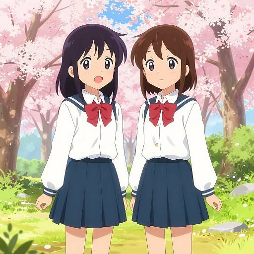 Anime Twin Girls in Cherry Blossom Park