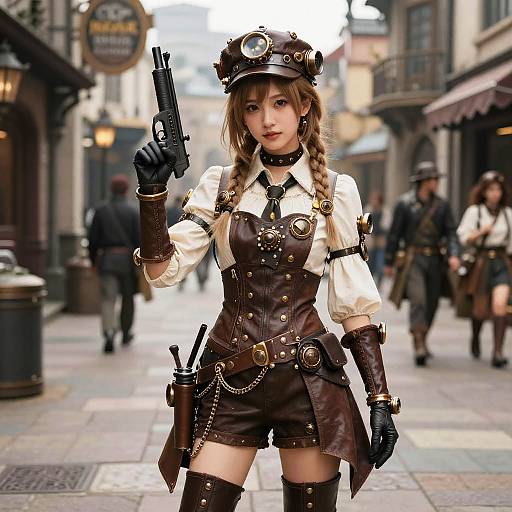Steampunk Woman in Brown Leather Outfit Holding Gun