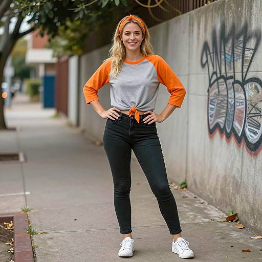 Smiling Woman on Urban Sidewalk