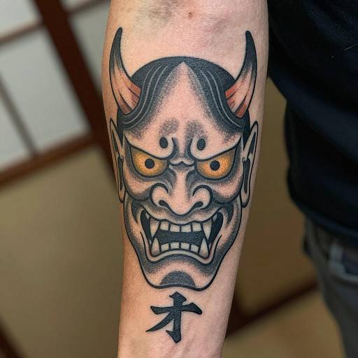 Dramatic Oni Mask Forearm Tattoo Design