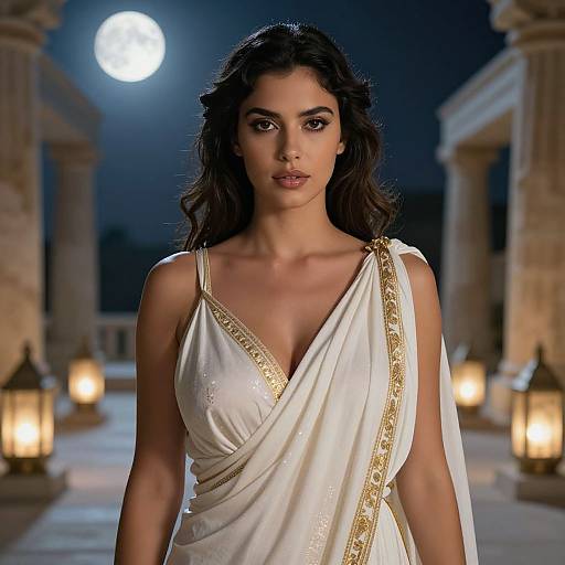 Photograph of a beautiful woman with long dark hair, wearing a white sari with gold trim, standing under a full moon in a colonnaded