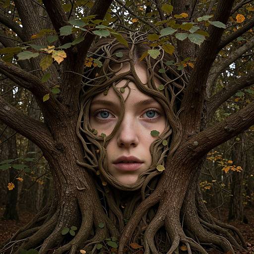 Photorealistic digital art of a woman's face entwined with a tree's dark, gnarled branches and leaves, set in a forest