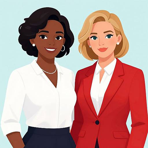 Digital illustration of two women: dark-skinned woman with black hair in white blouse, black skirt; light-skinned woman with blonde hair in red bl