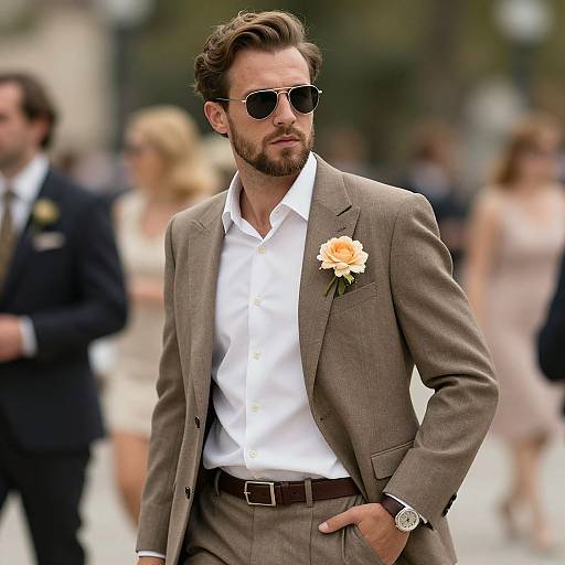 Photograph of a handsome, bearded man with brown hair in a brown suit, white shirt, and orange rose boutonniere, wearing dark
