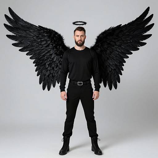 Photograph of a bearded man with black wings, black outfit, and halo, standing against a white background. Black feathered wings spread wide,