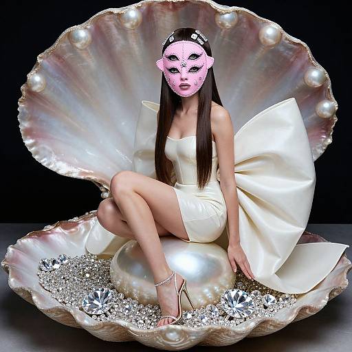 Photograph of a woman in a white, strapless dress, seated on a pearl shell, surrounded by jewels, wearing a pink, lacy mask