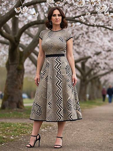 Stylish Woman in Zigzag Dress Under Blossoms