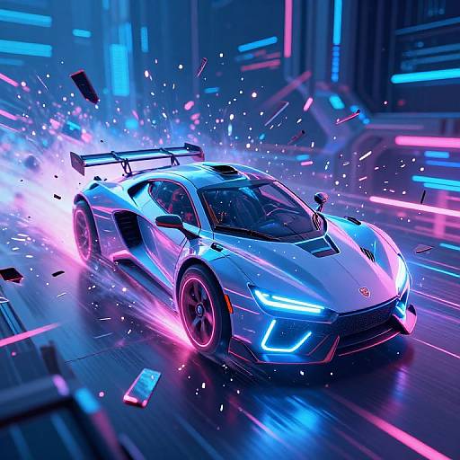 Neon-lit, futuristic cityscape; a sleek, white sports car with glowing blue and pink accents speeds through, surrounded by vibrant light trails and