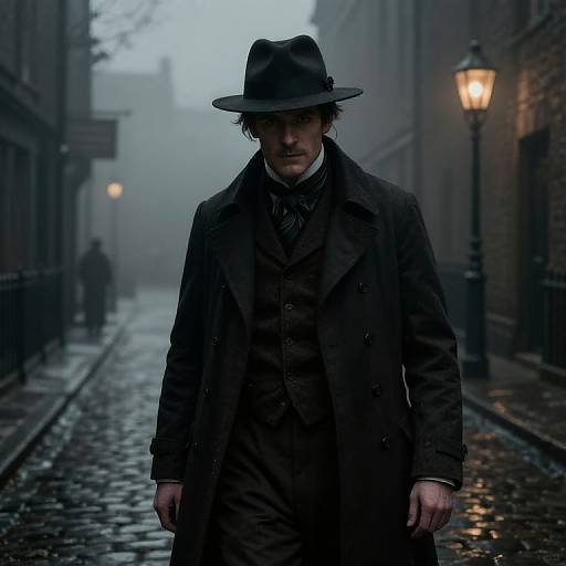 Photograph of a stern, mustached man in a dark Victorian coat and hat, standing on a foggy, wet cobblestone street at night