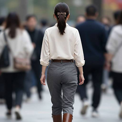 Woman in Casual Beige and Gray Outfit