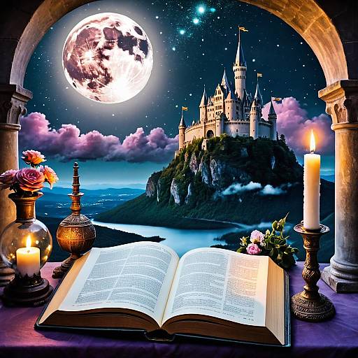 Fantasy Night Scene with Open Book and Castle