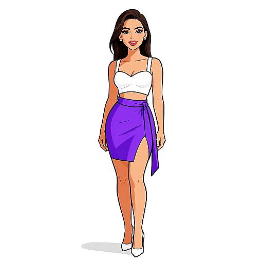 Digital illustration of a confident woman with long black hair, wearing a white crop top, purple skirt with a side slit, and white heels, standing against