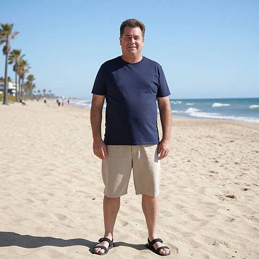 Photograph of a smiling, middle-aged man with short brown hair, wearing a navy t-shirt, beige shorts, and black sandals, standing on a