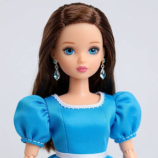 Photograph of a Barbie doll with blue eyes, pink lips, brown hair, wearing a blue dress with white lace trim, and teal teardrop