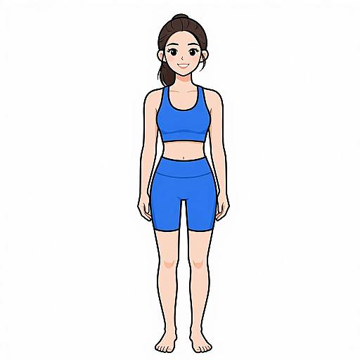 Digital drawing of a young woman with light skin, brown hair in a ponytail, wearing a blue sports bra and shorts, standing barefoot on a