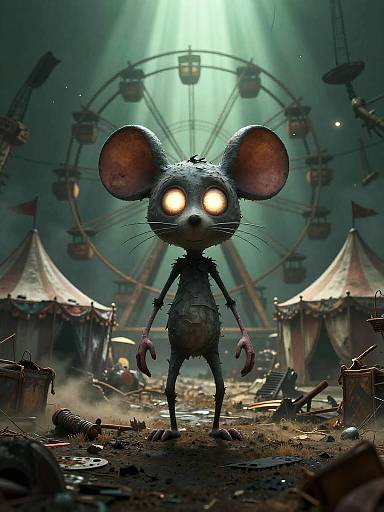 CGI image of a creepy, glowing-eyed, stitched-together mouse standing in a dark, abandoned carnival with a giant Ferris wheel and rundown tents