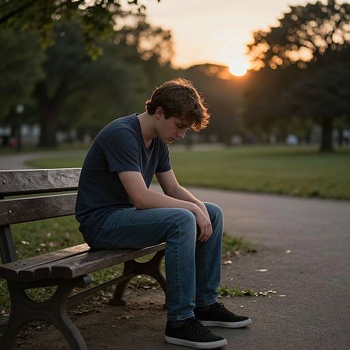 Photograph of a young man with brown hair, wearing a dark gray t-shirt, blue jeans, and black sneakers, sitting on a wooden bench in