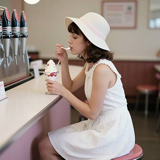 Photograph of a young woman in a white dress and hat, eating a strawberry ice cream cone at a retro diner.