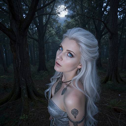 Photograph of a pale-skinned, silver-haired woman with striking blue eyes, wearing elaborate silver jewelry, in a dark, moonlit forest.