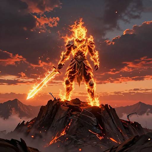 Digital artwork of a fiery, armored warrior standing on a mountain peak at sunset, wielding a glowing sword, surrounded by dark clouds and distant mountains.