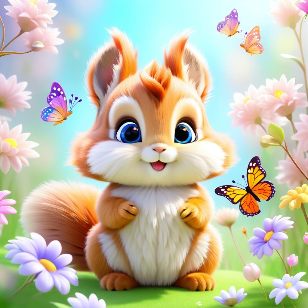 Kawaii Squirrel Surrounded by Flowers and Butterflies