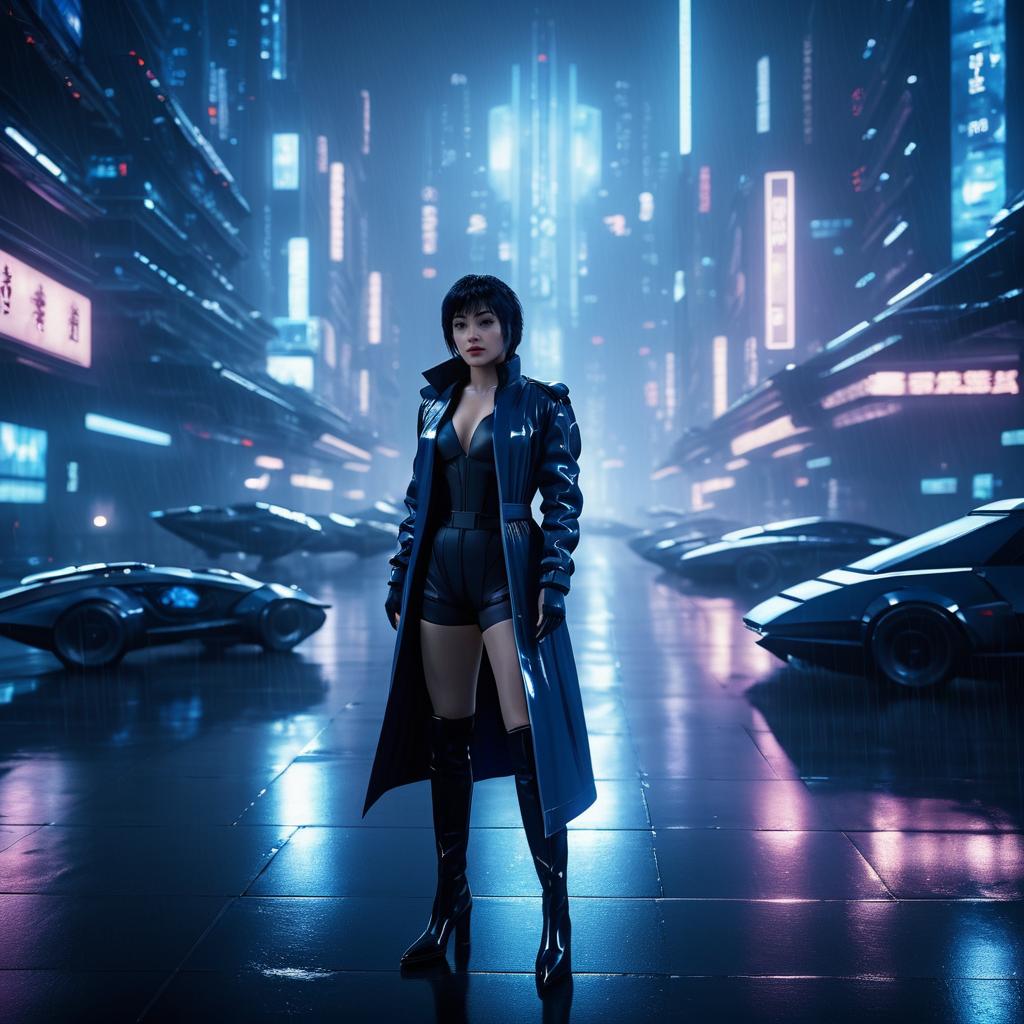 Cinematic Motoko Kusanagi in Rainy City