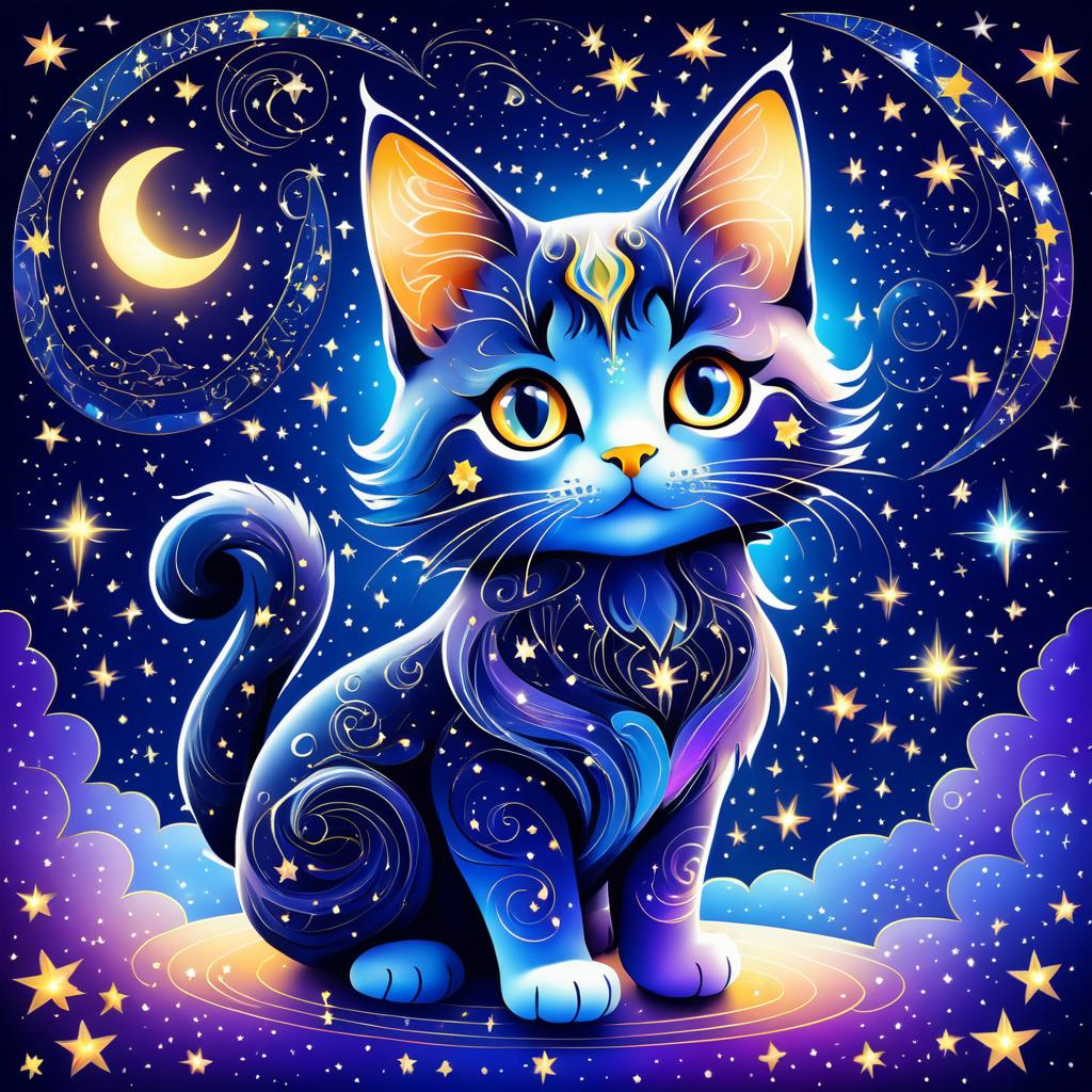 Whimsical Celestial Cat in Starry Night