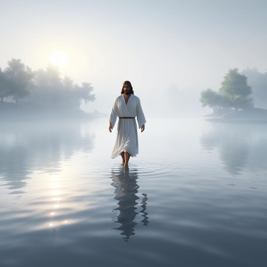 Jesus Walks on Water in Morning Mist