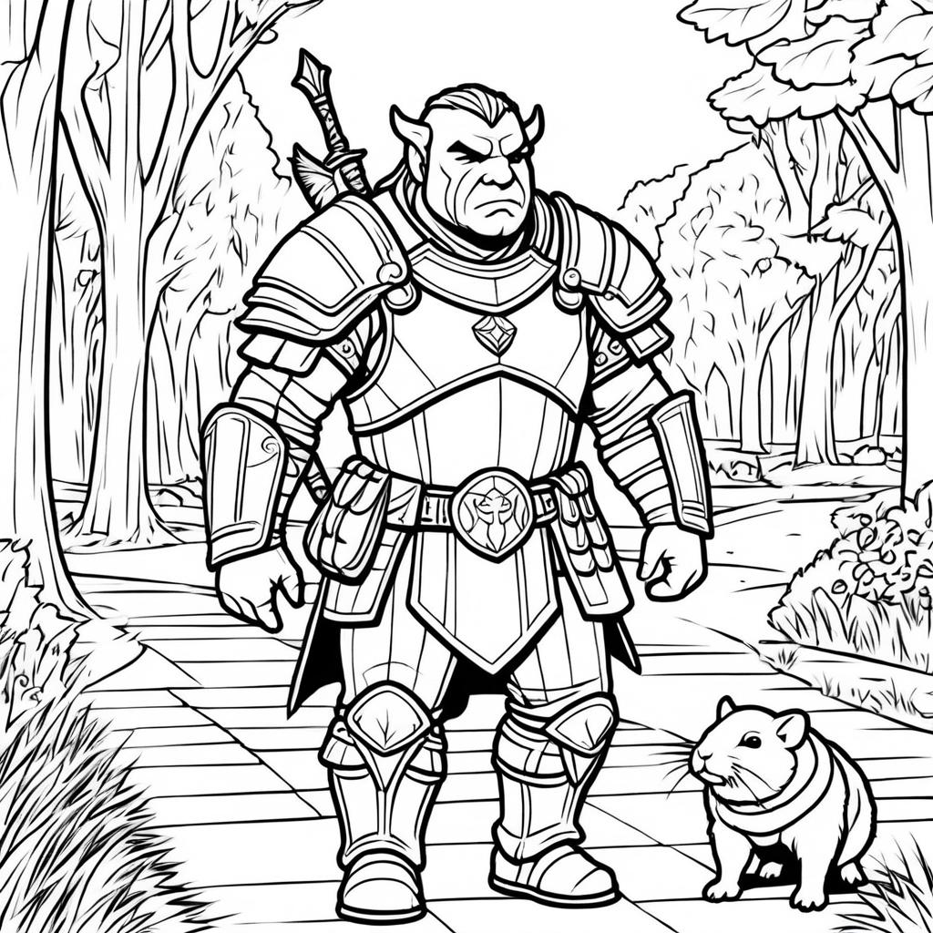 Half-Orc Knight Walking a Hamster