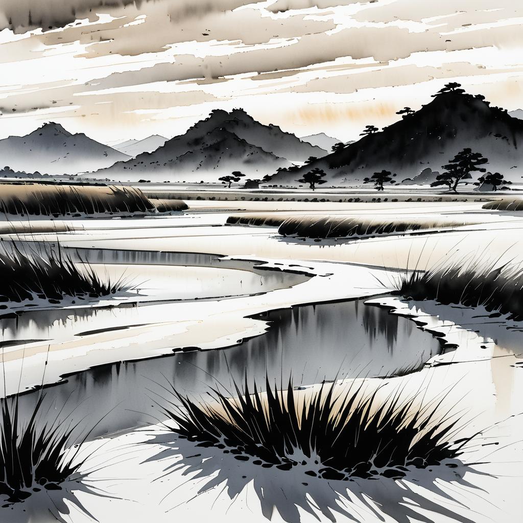 Serene Wind-Swept Basin in Ink Wash