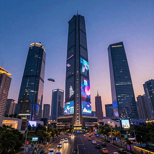 Photograph of a vibrant, twilight cityscape with towering skyscrapers adorned in colorful neon lights, busy street below, and a helicopter in the sky
