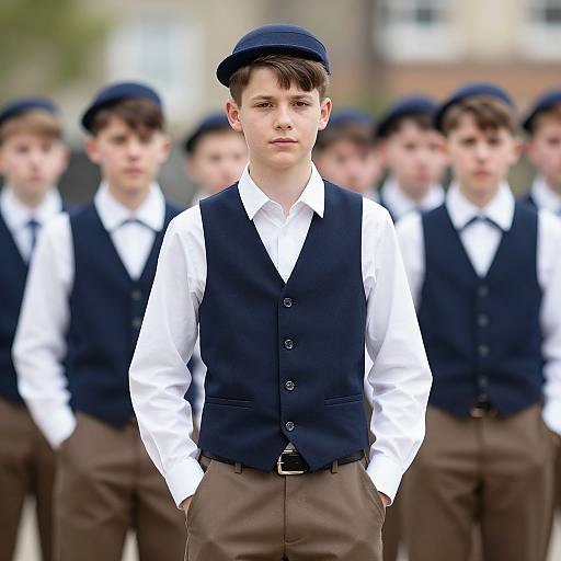 Photograph of a young boy with short brown hair, wearing a navy vest, white shirt, brown pants, and navy cap, standing in front of