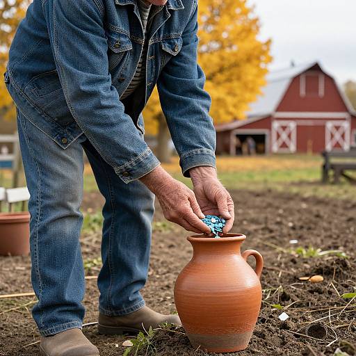 Photograph of a person in blue denim overalls and boots, planting blue seeds in a terracotta pot in a dirt garden, with a red